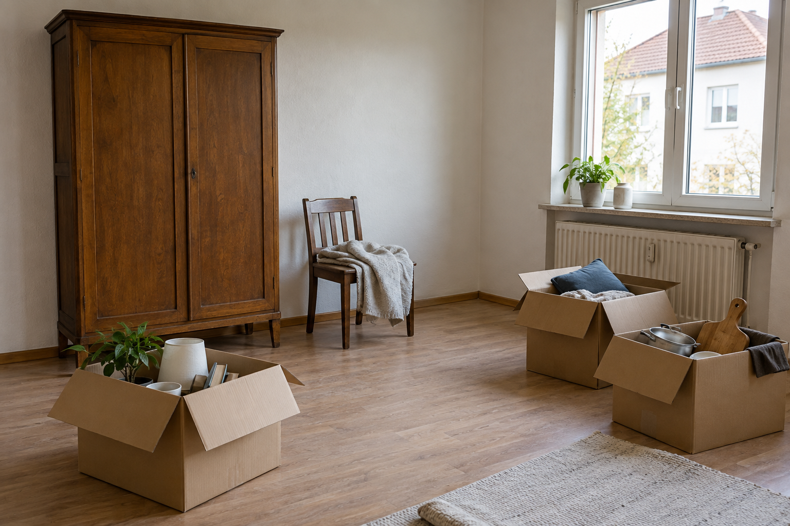 Beispiel eines Zimmers mit Möbeln und Kartons vor einer Räumung